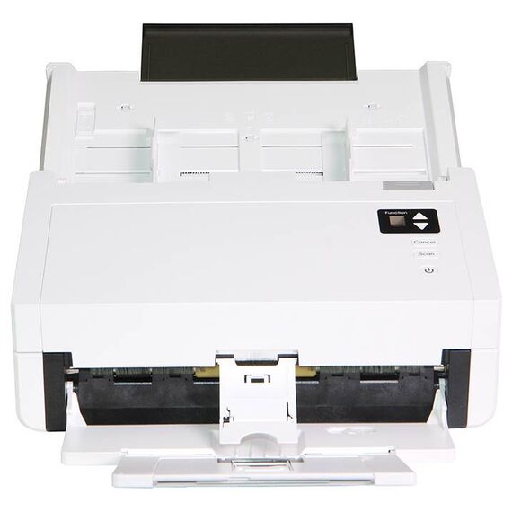 Avision AD345GL white duplex scanner front view with document guides and extended output tray, official manufacturer image