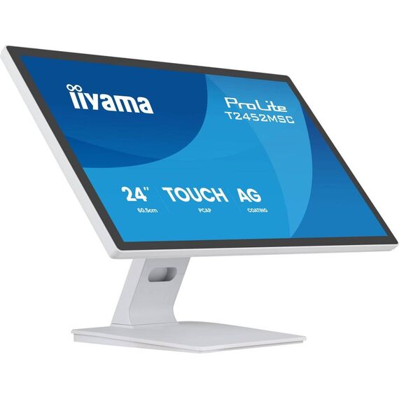 White iiyama ProLite T2452MSC-W1AG anti-glare PCAP touchscreen with tilting stand — tilted view