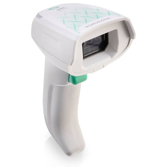 Datalogic Gryphon GM4600-HC white cordless healthcare HP scanner front view, exact-SKU BarcodeSite distributor image; kit includes base and USB cable
