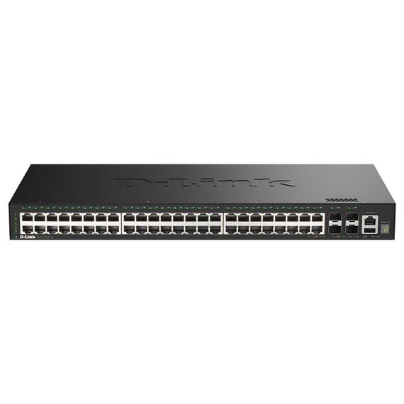 D-Link DGS-1530-52 non-PoE front view, 48 Gigabit copper ports and four SFP+ uplinks, model for ordering SKU DGS-1530-52/E