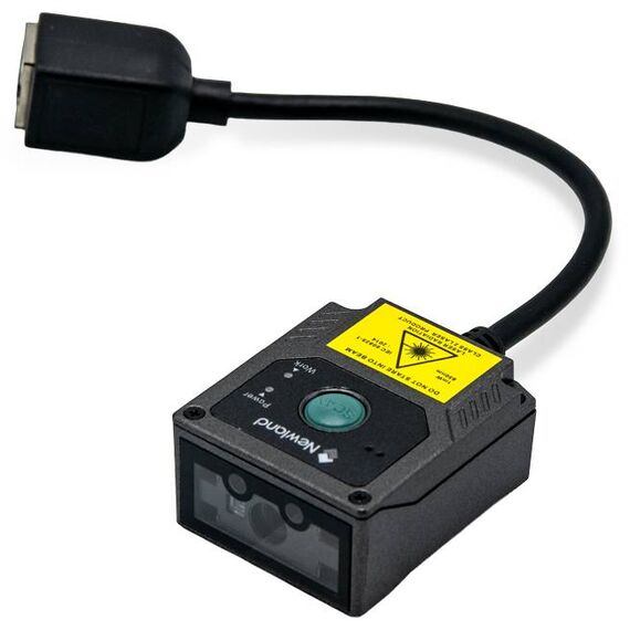 Newland FM430 Barracuda laser-aimer scanner body with attached lead; manufacturer image, not a box-contents photograph