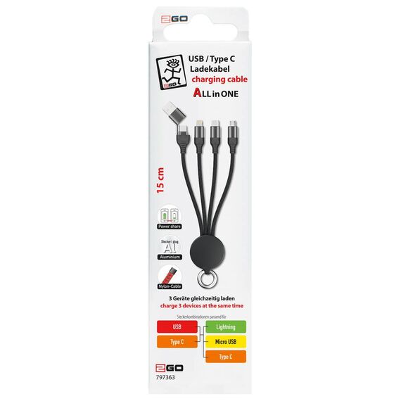 Packaging for the black 2GO 797363 cable, marked 15 cm, Power Share, aluminium, nylon and simultaneous charging of three devices