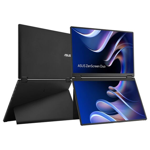 ASUS ZenScreen Duo MB14FCD shown from front and rear; two views of one dual-panel unit, not a two-pack.