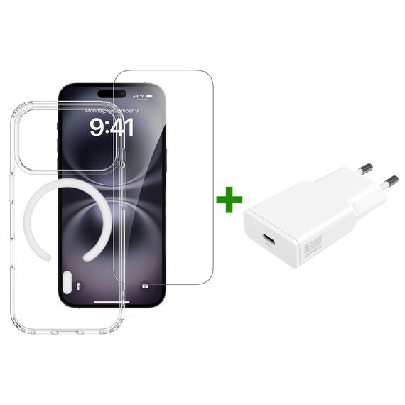 4smarts 3in1 kit with transparent magnetic case, screen glass and white wall charger; phone shown for illustration, not included