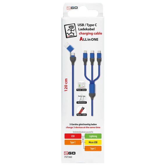 2GO 797360 blue retail package marked 120 cm, Power Share, aluminium, nylon and simultaneous three-device charging