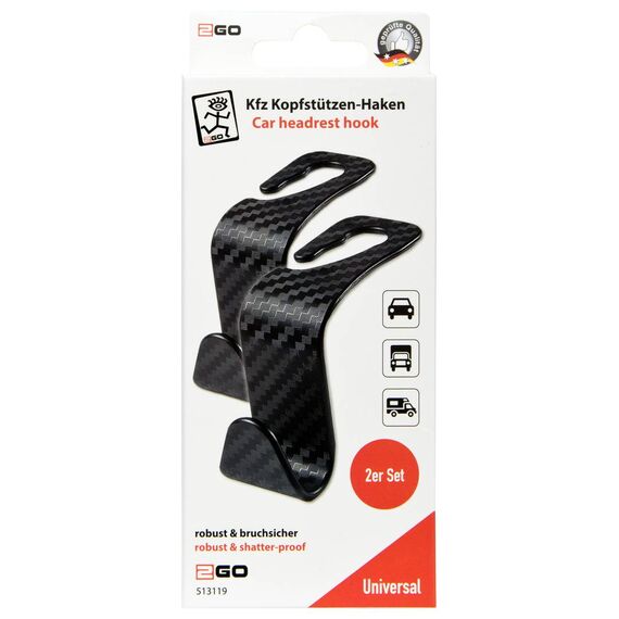 2GO 513119 Carbon-Look Car Headrest Hooks, Black, Set of Two