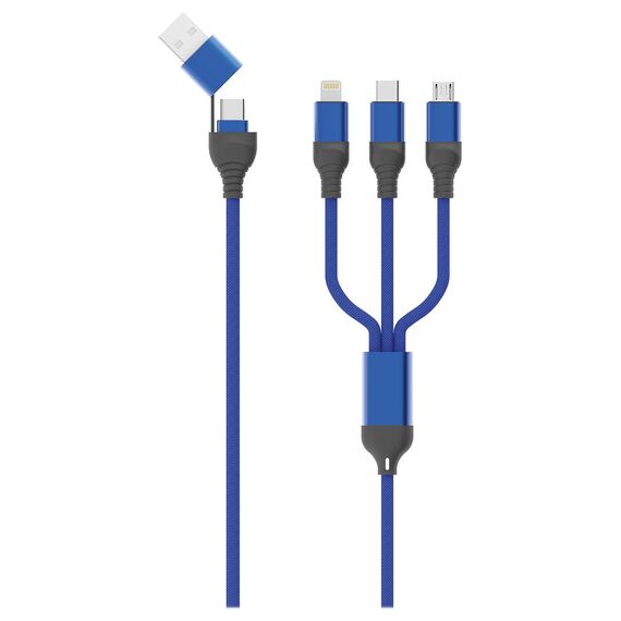 2GO 797360 blue braided charging cable with USB-C/USB-A source options and Lightning, USB-C and Micro-USB tips