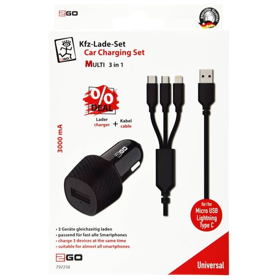 Retail packaging for exact model 2GO 797258; manufacturer packaging states 3000 mA and up to 3 devices