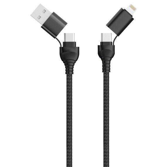 2GO 797369 black 120 cm cable with USB-C plugs and tethered USB-A and Lightning adapters