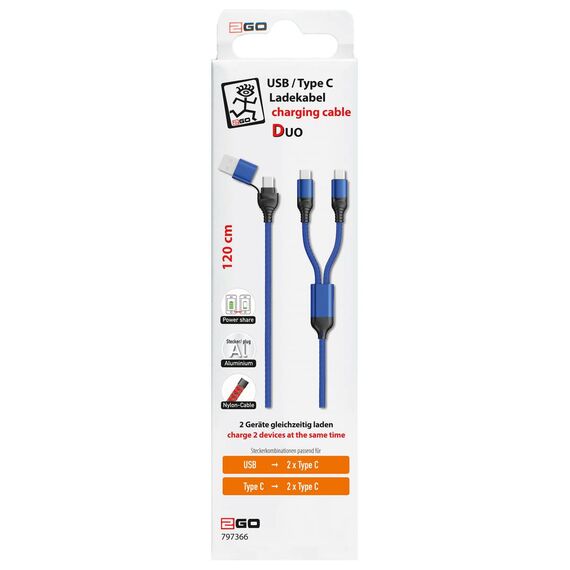 2GO DUO 797366 retail package, 120 cm; phone icons are illustrative and devices are not included