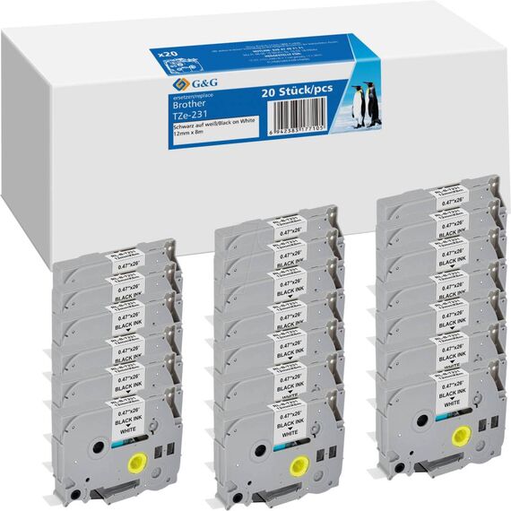G&G TZe-231-Compatible Laminated Label Tape 20-Pack, 12mm x 8m, Black on White