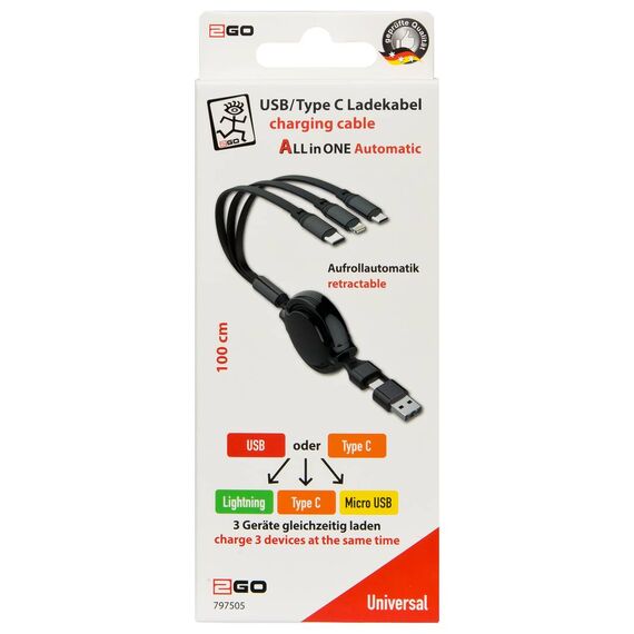 Retail package for 2GO 797505, marked retractable, 100 cm maximum and simultaneous charging of three devices
