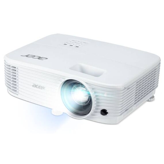 Acer P1357 white DLP projector, front three-quarter view with promotional beam effect (manufacturer image).