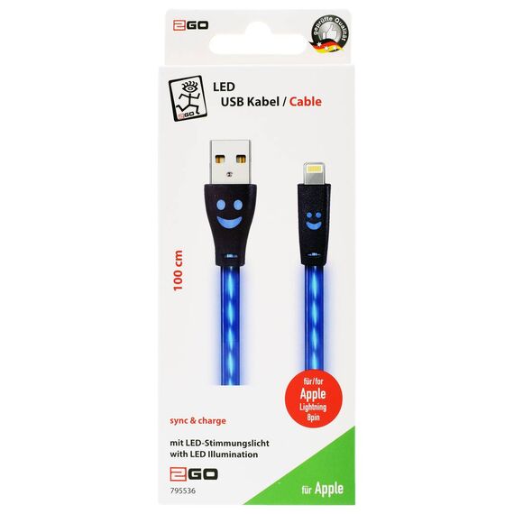 Retail package for the 2GO 795536 100 cm USB-A to Lightning cable, marked Apple Lightning 8-pin, Sync & Charge and LED illumination