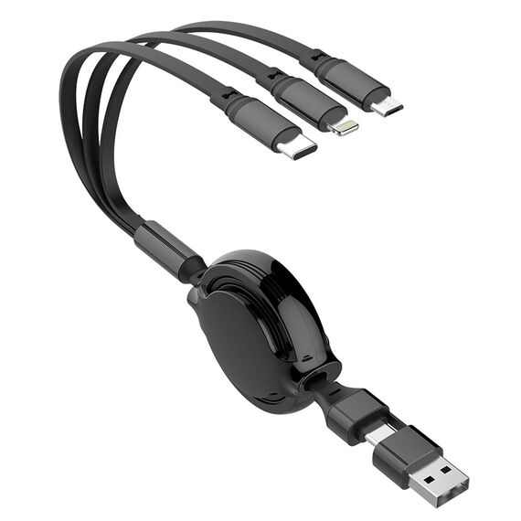 2GO 797505 black retractable cable with USB-A/USB-C input and USB-C, Lightning and Micro-USB tips