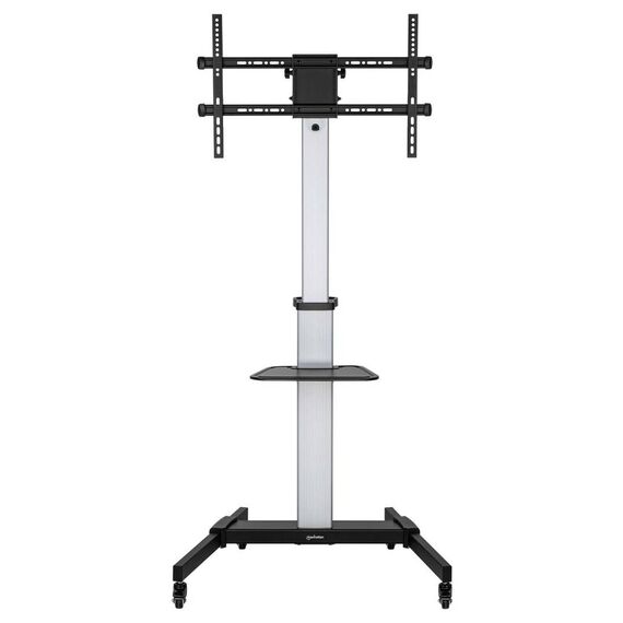 Manhattan 462327 TV cart, straight-on full view with single-display mount, shelf and four-wheel base