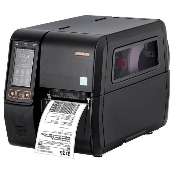 BIXOLON XT5 family printer printing an illustrative sample label; sample media is not supplied stock