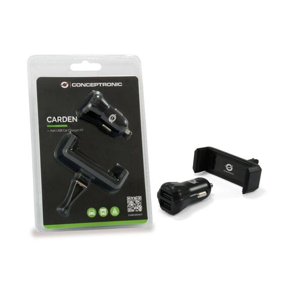 Conceptronic CUSBCAR2AKIT 10W Dual USB-A Car Charger and Air Vent Phone Holder, Black