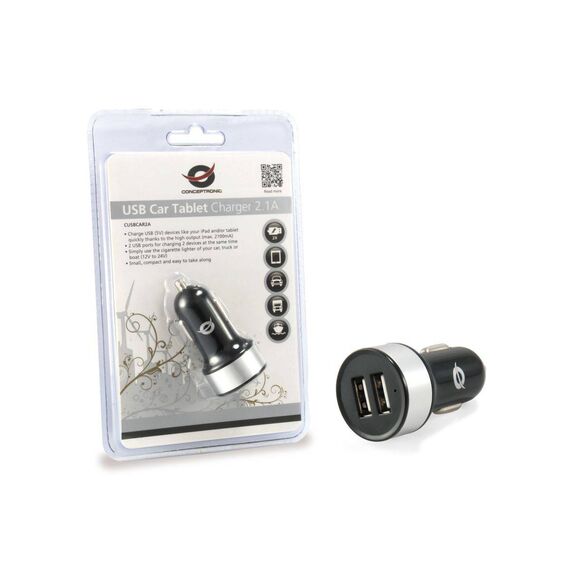 Conceptronic CUSBCAR2A Dual USB-A Car Charger, Black with Silver Trim