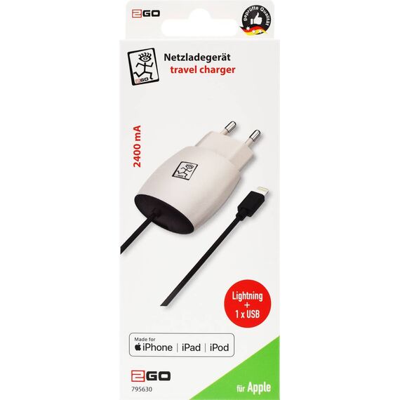 Retail package for 2GO 795630, marked 2400 mA and Made for iPhone/iPad/iPod