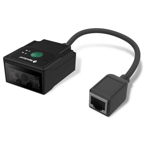 Newland FM431 Barracuda Pro fixed-mount reader, perspective view with attached modular scanner lead