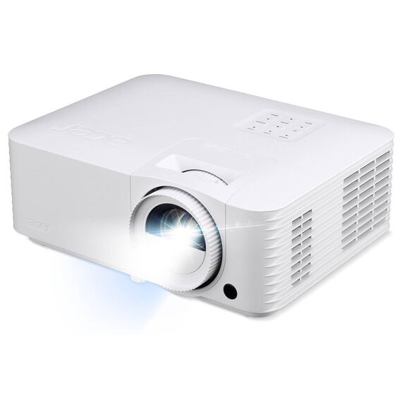 Distributor-hosted Acer Vero HL1820 image; white projector in a front three-quarter view with lens, side ventilation and promotional beam effect.