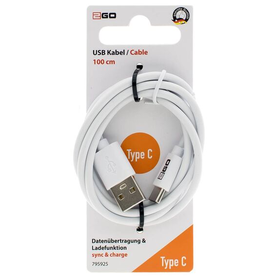2GO 795925 retail package and coiled white cable, marked 100 cm, Type C, Sync & Charge