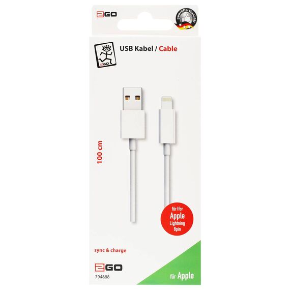 2GO 794888 retail package, marked 100 cm, Apple Lightning 8-pin and Sync & Charge
