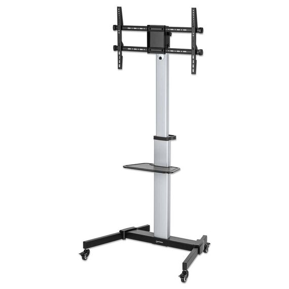 Manhattan 462327 silver and black TV cart, angled front view; display not included