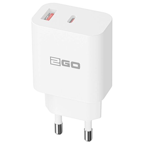 White 2GO 797492 charger showing USB-C and USB-A ports and European two-round-pin plug