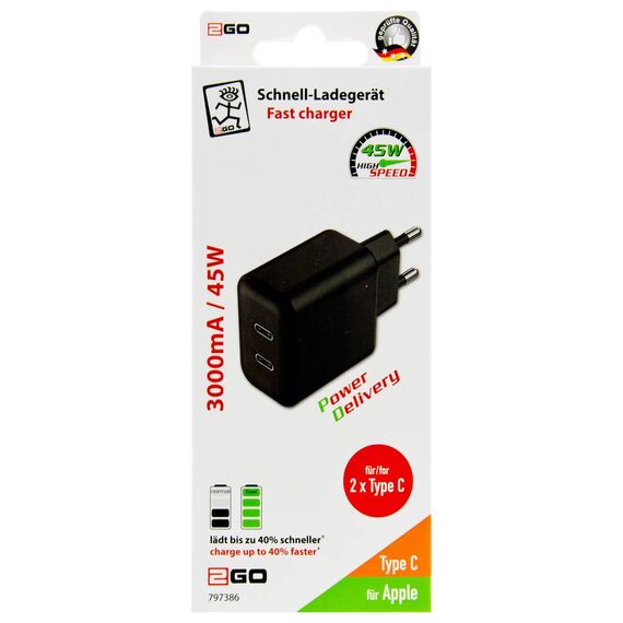 2GO 797386 retail package marked 45 W, Power Delivery and 2 × Type-C
