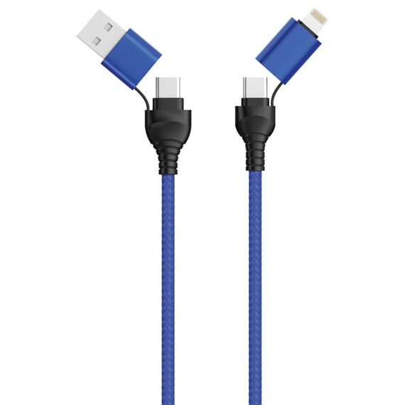 2GO 797368 blue 120 cm cable with USB-C plugs and tethered USB-A and Lightning adapters