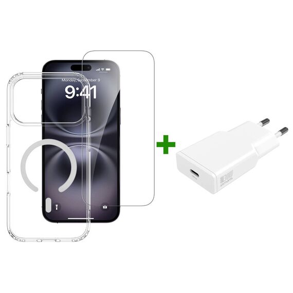 4smarts 541910 manufacturer kit: transparent magnetic case, screen glass and white EU-pin charger; pictured phone is illustrative and not included.