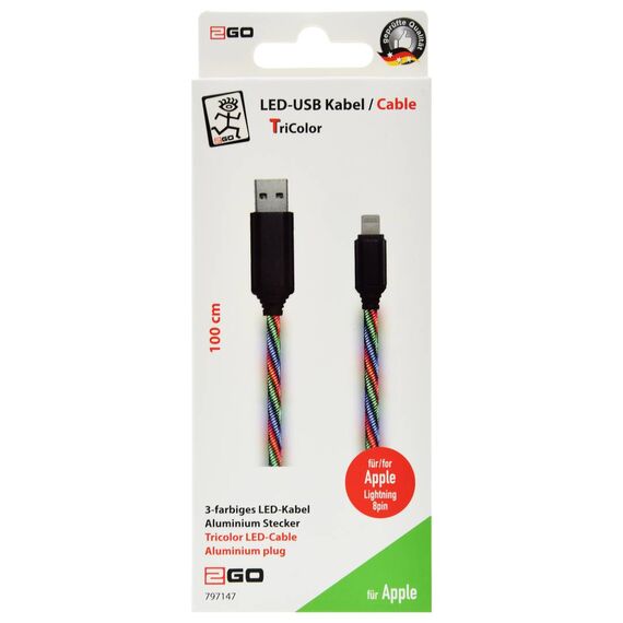 2GO 797147 retail package for Apple Lightning 8-pin cable, 100 cm, with aluminium plug housings and three-colour LED braid