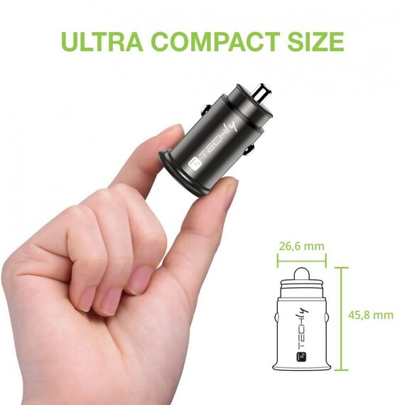 Techly IUSB2-CAR5-AC38W Black Metal USB-A USB-C PD Car Charger