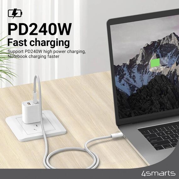 Illustrative laptop charging with the cable; laptop, charger and power strip sold separately