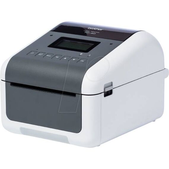 Brother TD-4455DNWB label printer, angled front/right view with LCD; optional cutter and peeler not fitted. Distributor image.