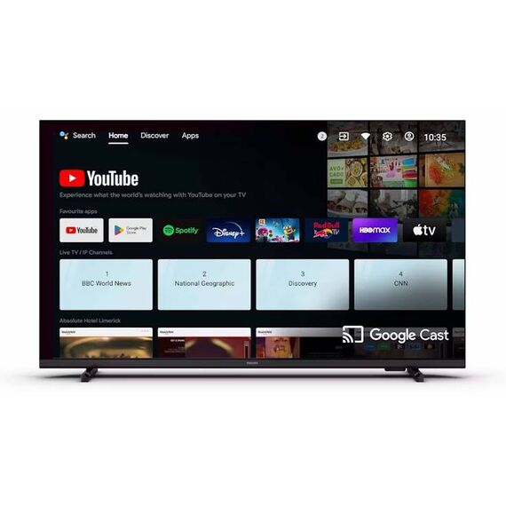 Front view of the Philips 43HFL4518U/12 hospitality TV with its included feet; manufacturer app and channel artwork is illustrative.