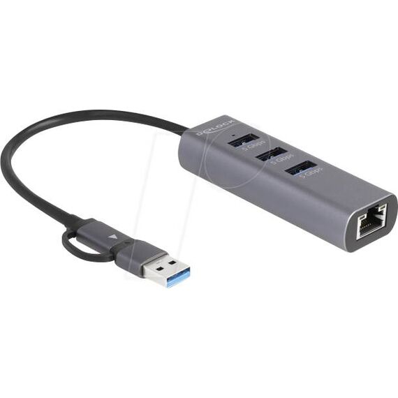 Distributor image: Delock 64282 hub with tethered USB-A adapter fitted over the USB-C plug, illustrating the alternative host connection