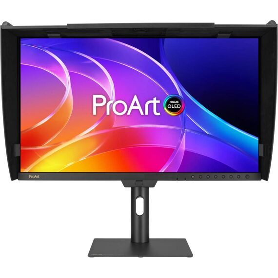 ASUS ProArt Display OLED PA27USD monitor shown in two alternative stand and hood configurations; one monitor, illustrative screen artwork.