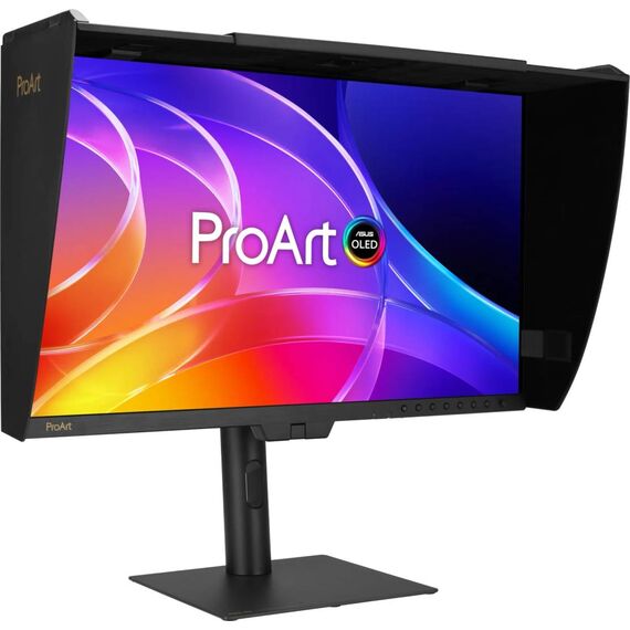 ASUS ProArt Display OLED PA27USD monitor shown in two alternative stand and hood configurations; one monitor, illustrative screen artwork.