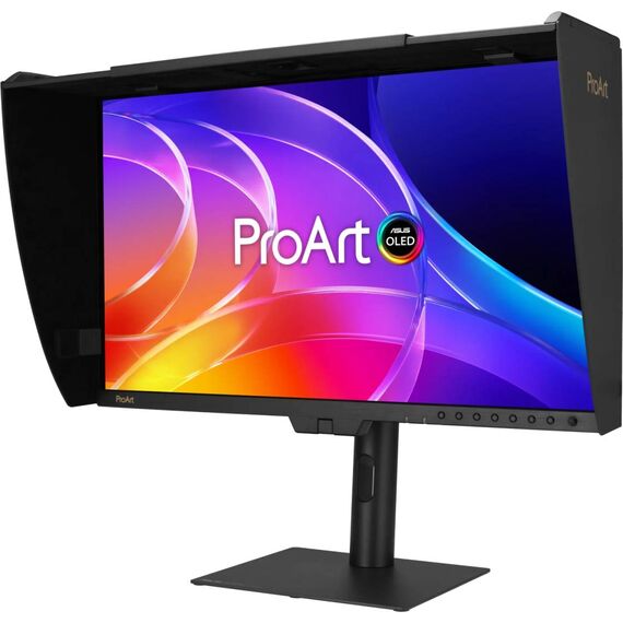 ASUS ProArt Display OLED PA27USD monitor shown in two alternative stand and hood configurations; one monitor, illustrative screen artwork.