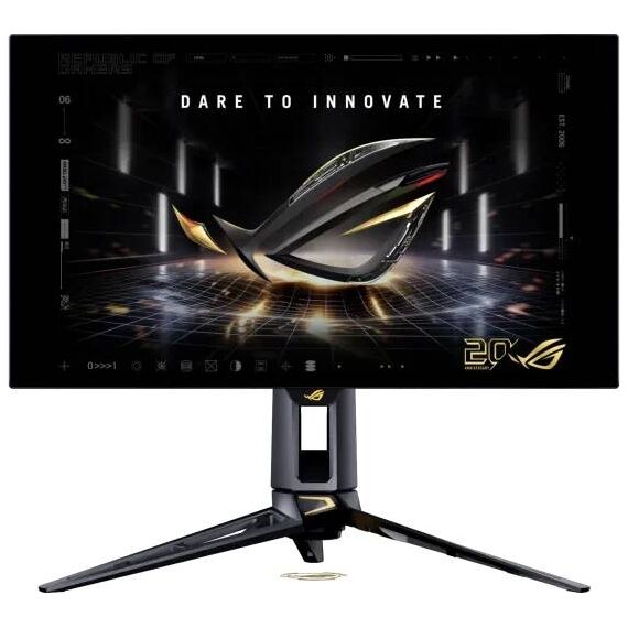 ASUS ROG Swift OLED PG27AQWP-G EDITION 20 monitor shown from the front and rear; illustrative screen artwork, one monitor
