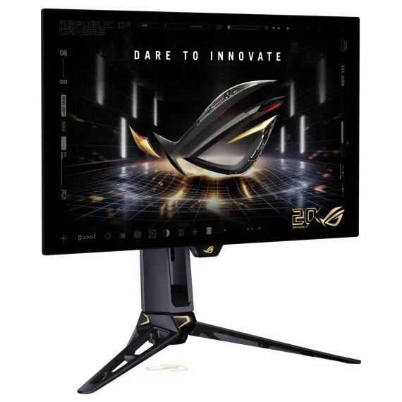 ASUS ROG Swift OLED PG27AQWP-G EDITION 20 monitor shown from the front and rear; illustrative screen artwork, one monitor