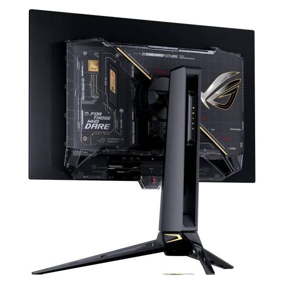 ASUS ROG Swift OLED PG27AQWP-G EDITION 20 monitor shown from the front and rear; illustrative screen artwork, one monitor