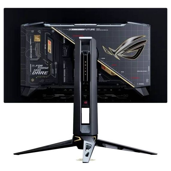 ASUS ROG Swift OLED PG27AQWP-G EDITION 20 monitor shown from the front and rear; illustrative screen artwork, one monitor