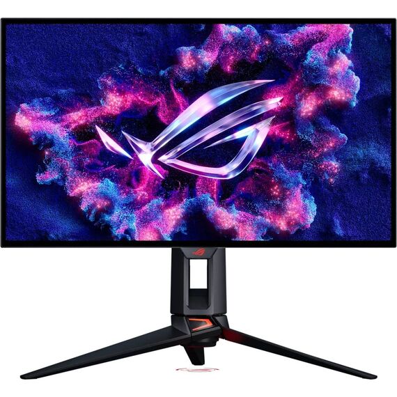 ASUS ROG Swift OLED PG27UCWM front with stand; illustrative screen artwork