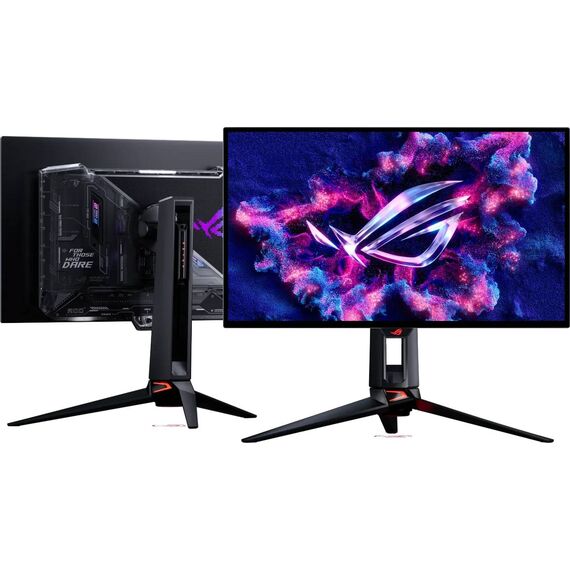 ASUS ROG Swift OLED PG27UCWM front with stand; illustrative screen artwork