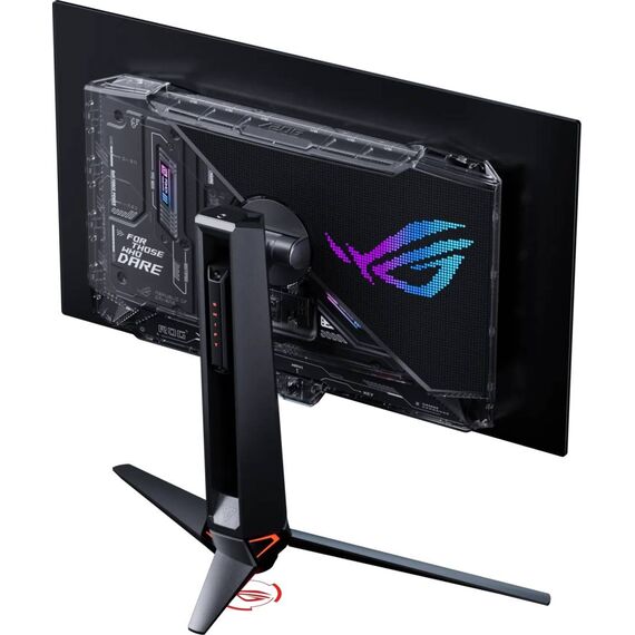 ASUS ROG Swift OLED PG27UCWM front with stand; illustrative screen artwork