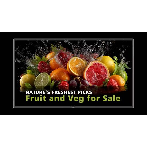 Front view of the Philips 43BDL5050D display; on-screen promotional artwork is illustrative.